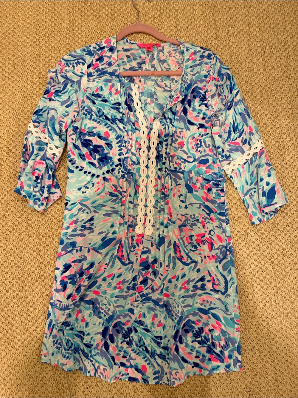 Printed Cotton Tunic Top in Aqua Blue and Pink